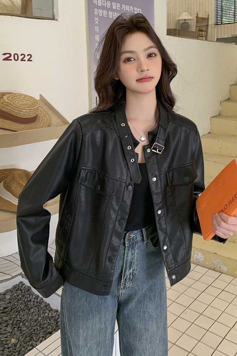美拉德时髦洋气小个子PU皮衣女2025年秋季新款复古高级感炸街外套,女装皮衣,安在秀（1C042）