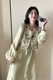 新中式国风马甲连衣裙两件套女春秋2025新款复古显瘦中长A字裙子，女装连衣裙，2C262