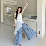 韩系甜美不规则蕾丝背心波点阔腿裤套装女2025夏新款小个子两件套，女装套装/套裙，2C122