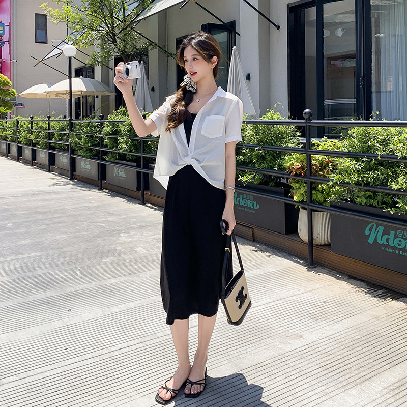 法式黑色吊带连衣裙衬衫两件套女2025秋季新款显瘦高级感长裙套装图片