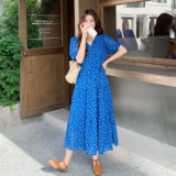 蓝色碎花泡泡袖v领连衣裙女2025夏季新款洋气显白高腰显瘦茶歇裙，女装连衣裙，2C212