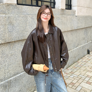 港式复古咖色减龄皮衣短外套女春秋2025新款小个子酷飒风PU皮夹克图片