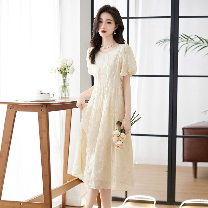 2025新款夏季女装时尚减龄绣花圆领大摆型泡泡袖长款连衣裙,女装连衣裙,丽莎妳雅