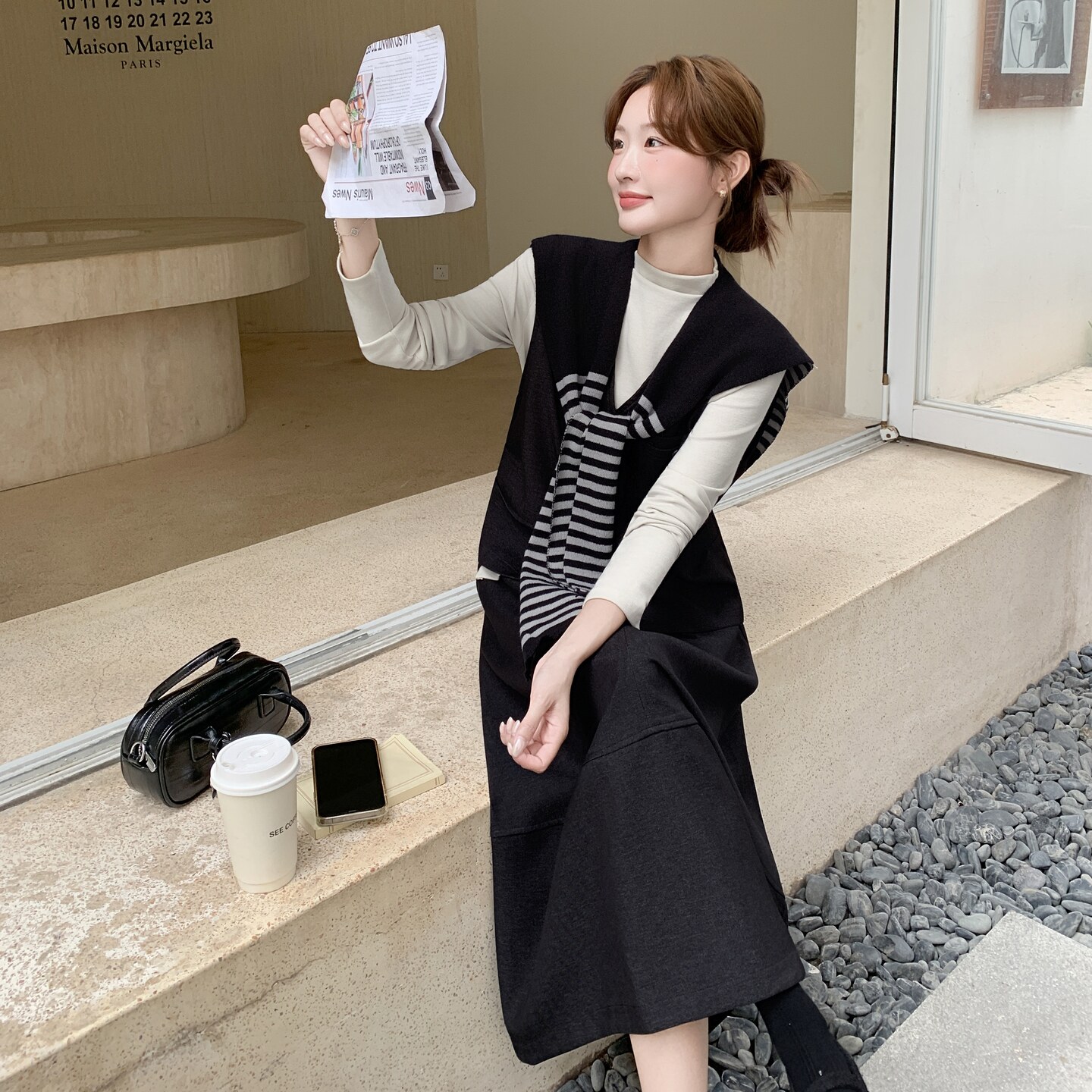 韩系披肩马甲打底衫套装女2025秋季新款时尚显瘦半身裙淡人三件套图片