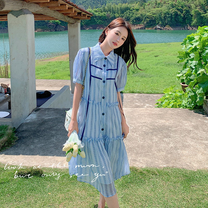 蓝色条纹衬衫连衣裙女2025夏季新款设计感小众宽松减龄小个子裙子,女装连衣裙,2C018