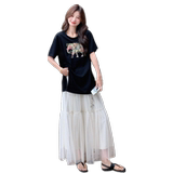 黑色印花开叉T恤套装女2025夏新款白色网纱半身裙洋气减龄两件套，女装连衣裙，2D008