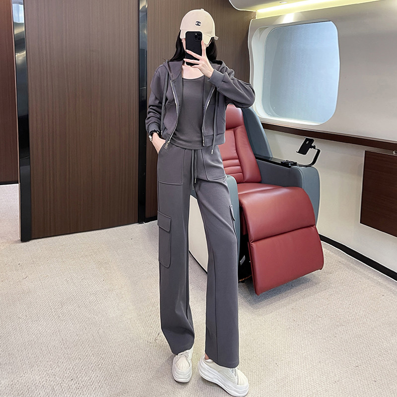 女秋连帽开衫卫衣修身显瘦打底阔腿裤三件套,女装套装/套裙,2C310