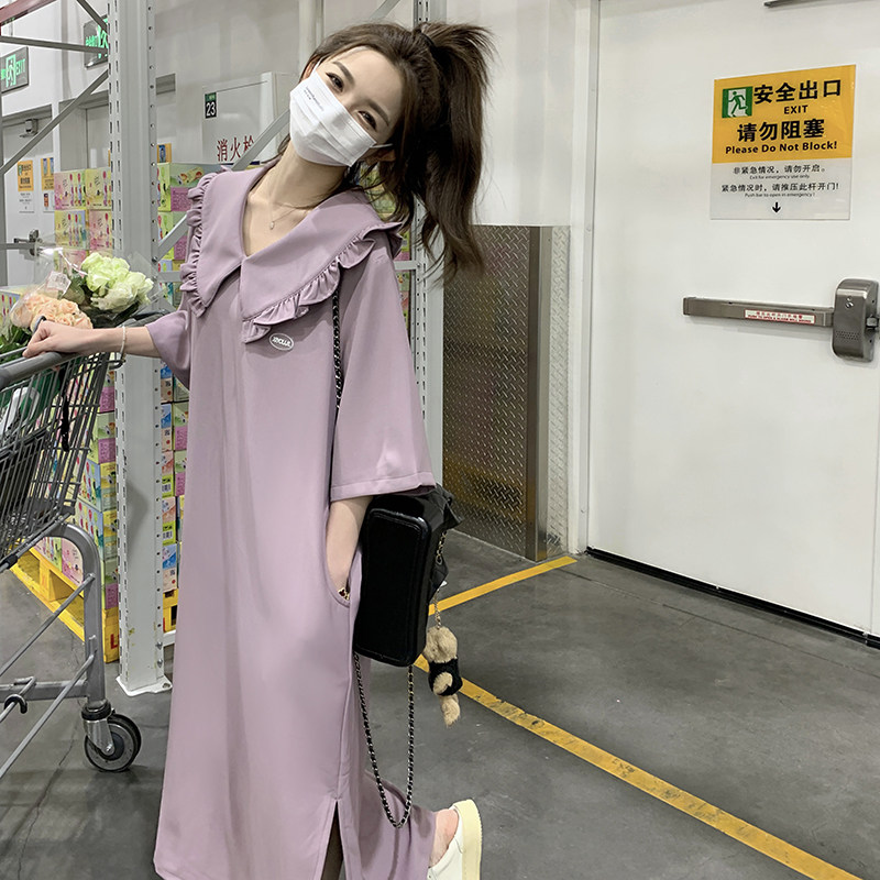 现货主推夏季娃娃领开叉紫色连衣裙2C032822P115K168,女装连衣裙,2C032