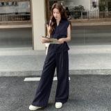 藏青色无袖V领马甲阔腿裤套装2025新款女夏韩版穿搭气质一整套潮，女装套装/套裙，2C212