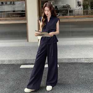 藏青色无袖V领马甲阔腿裤套装2025新款女夏韩版穿搭气质一整套潮图片