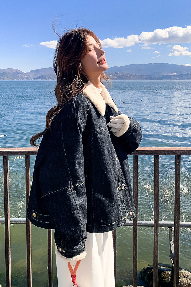 羊羔毛领牛仔羽绒服外套女冬季2025新款韩系高级感小个子美式复古,女装羽绒服,2C086