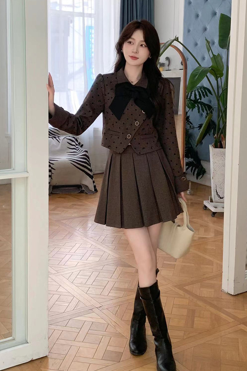 2024秋装新款2件套套裙小香风蝴蝶结百褶裙2C091-7701p244k369,女装套装/套裙,2C091
