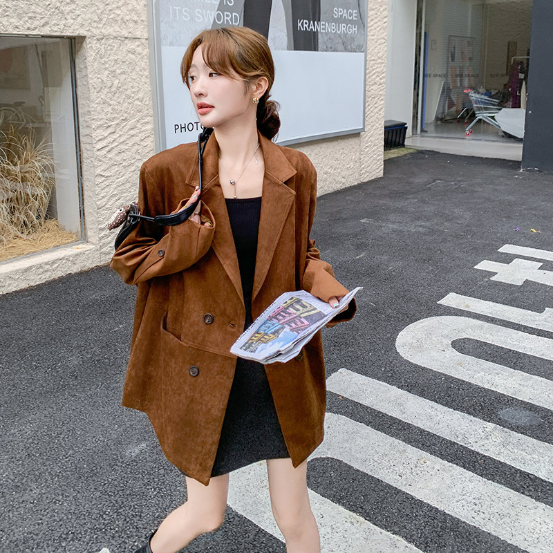 美拉德咖色麂皮绒西装外套女2025春秋新款韩系高级感炸街通勤西服,女装短外套,2C280
