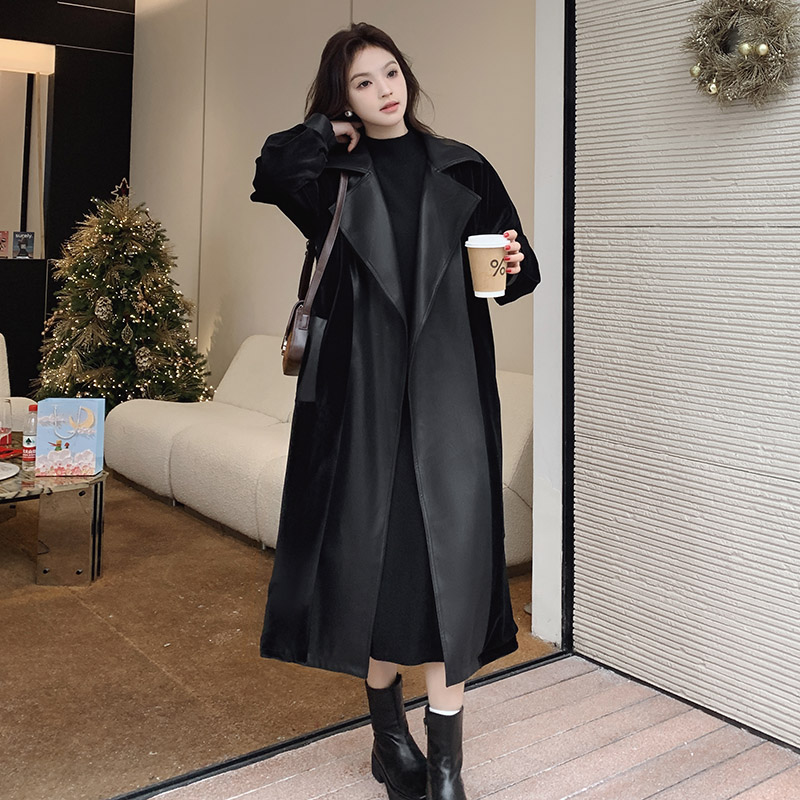 【现货发！黑骑士2.0双面穿】显瘦过膝皮衣高级感丝绒面料大衣,女装皮衣,2C238