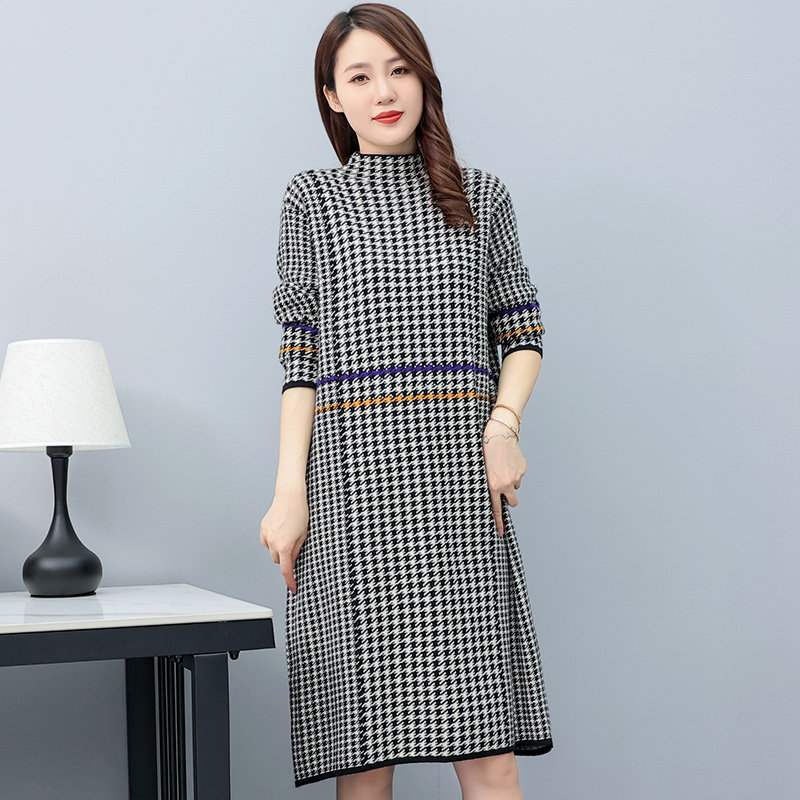 2025新款针织拼色千鸟格连衣裙，女装连衣裙，幸运星,女装连衣裙,1D073