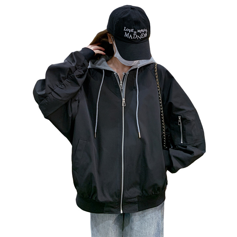 黑色休闲连帽棒球服外套女2025开春新款假两件设计感工装夹克上衣,女装短外套,2C125