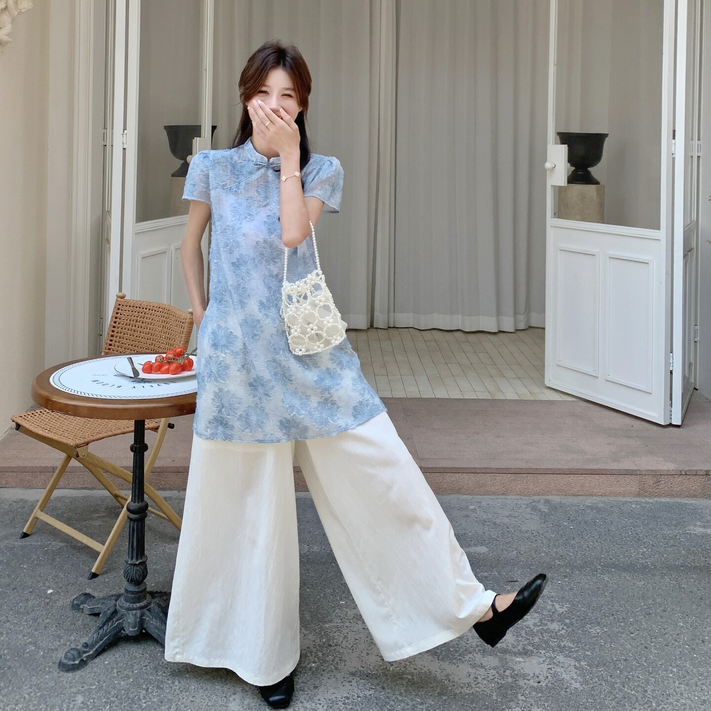 新中式国风气质蕾丝上衣阔腿裤套装女夏2025新款超好看两件套甜美,女装套装/套裙,2C135