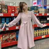 法式减龄V领粉色连衣裙女2024春秋新款小个子宽松显瘦A字中长款裙，女装连衣裙，2C057