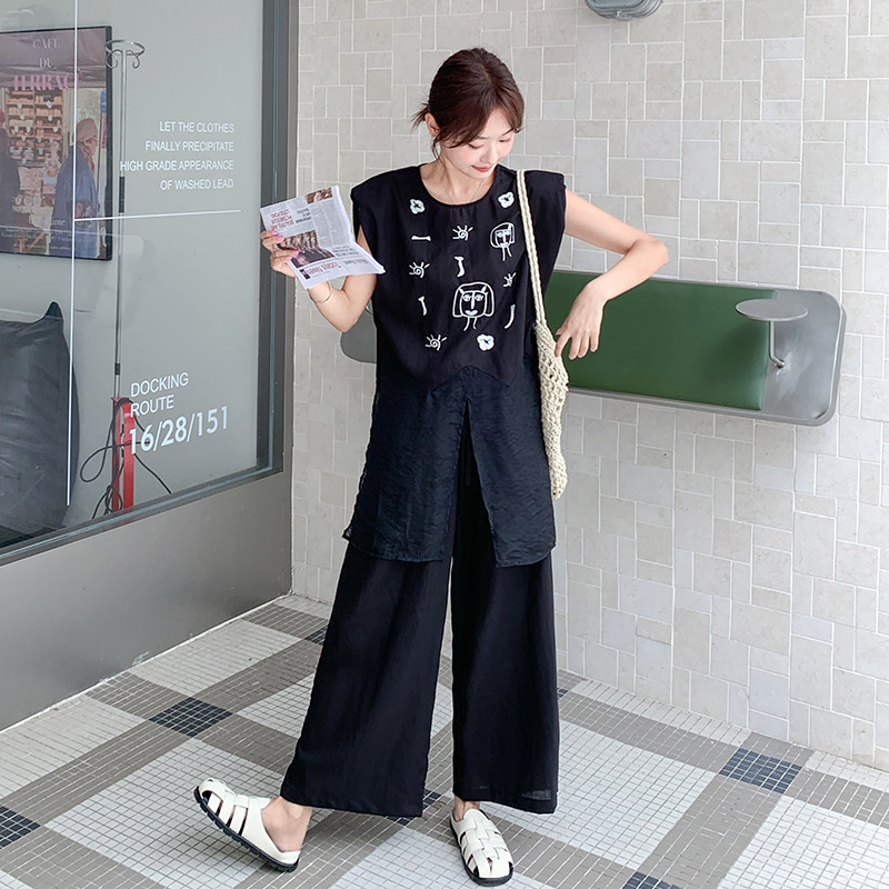 黑色网纱拼接印花无袖上衣阔腿裤套装女2025夏新款时尚显瘦两件套,女装套装/套裙,2C277