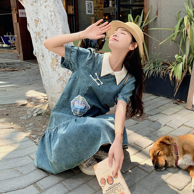 新中式小众独特漂亮连衣裙女2025新款爆款夏日刺绣绝美蓝色牛仔裙,女装连衣裙,2C262