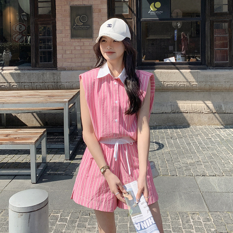 条纹休闲时尚套装女夏季2025新款无袖衬衫上衣高腰短裤减龄两件套图片