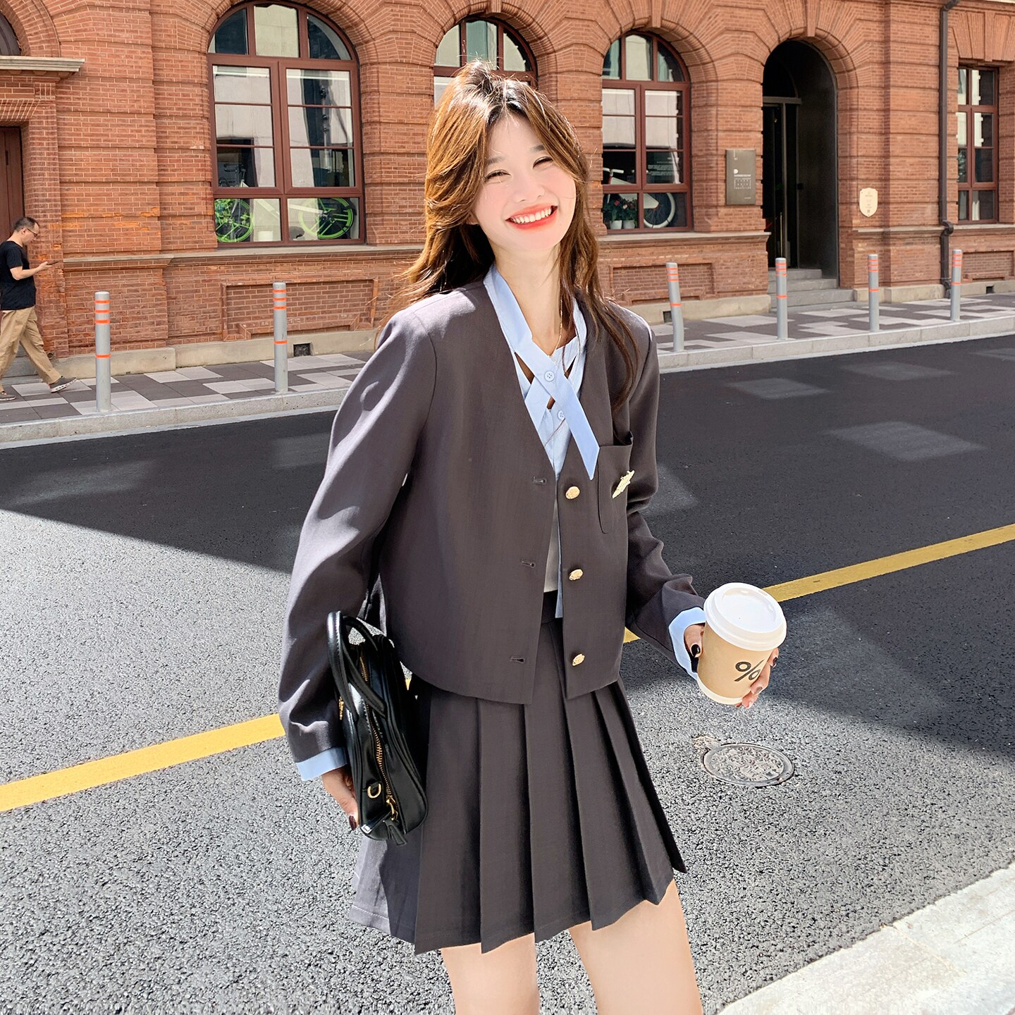 学院风减龄灰色短外套两件套2025秋季韩系时尚韩系百褶半身裙套装,女装套装/套裙,2C012