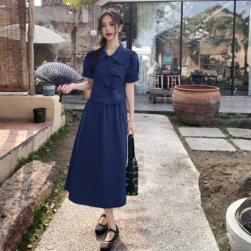 新中式国风甜美减龄牛仔套装女2025夏季新款显瘦上衣半身裙两件套,女装套装/套裙,2C266
