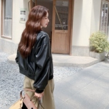 黑色撞色翻领皮衣外套女2025秋季新款韩系复古高级感休闲机车夹克，女装皮衣，2C177