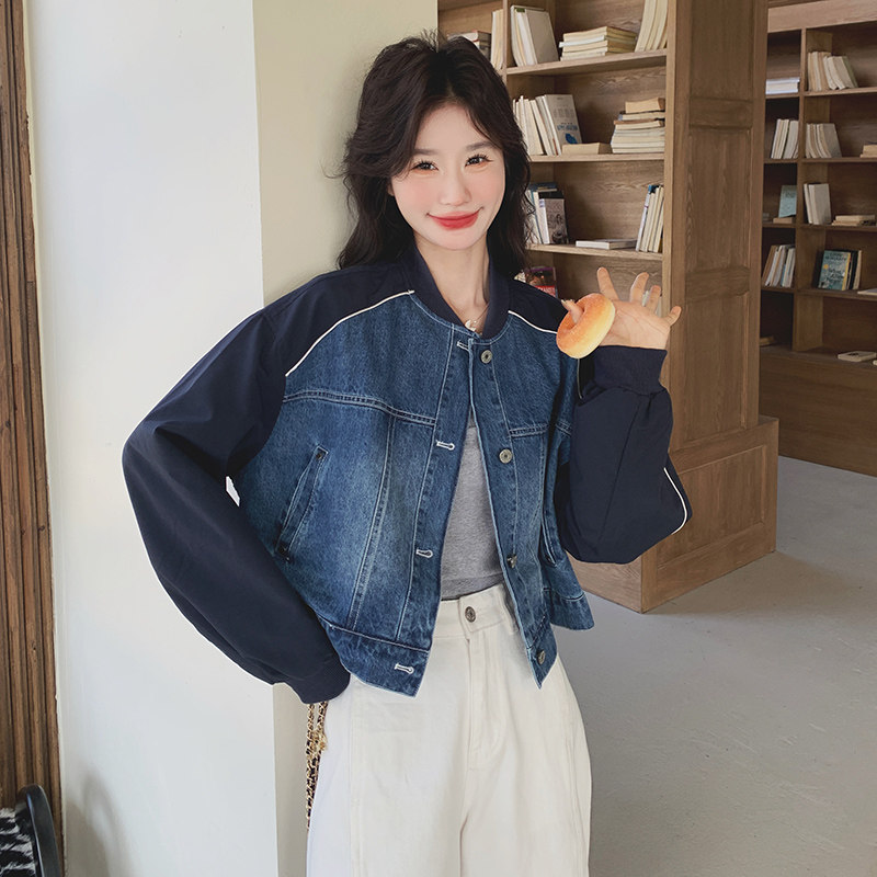 拼接牛仔棒球服短外套女春秋2025新款小个子休闲夹克火减龄高级感,女装短外套,2C077