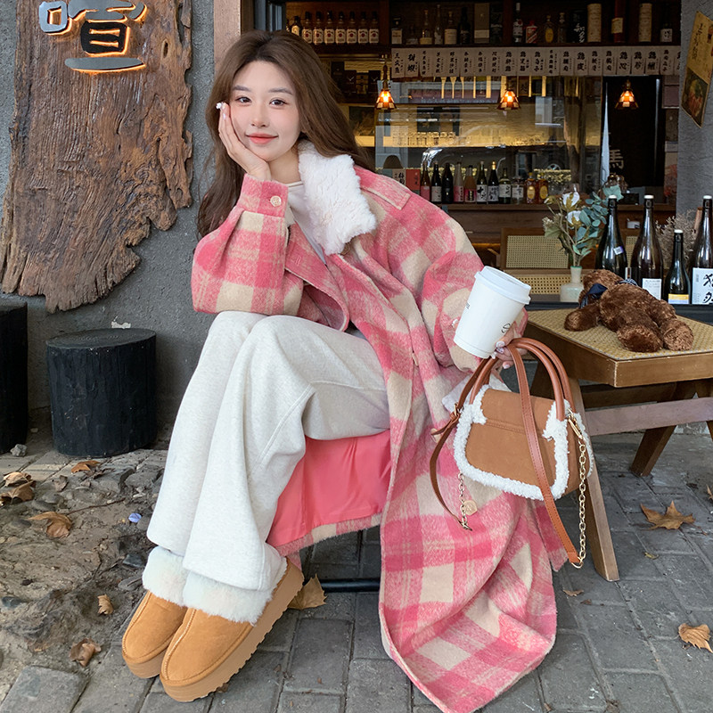 现货小兔毛拼接粉格子长款大衣2B233-9522-P195控288,女装毛呢外套,2B233
