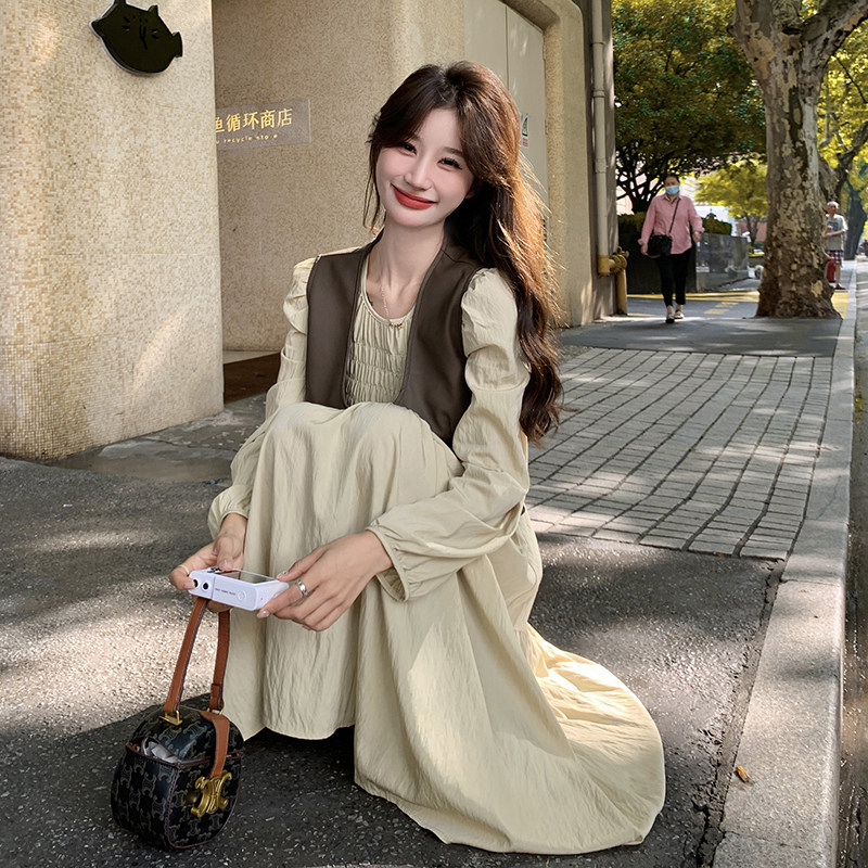 学院风皮衣马甲连衣裙套装女2025秋季新款复古长袖圆领长裙两件套,女装套装/套裙,2C203