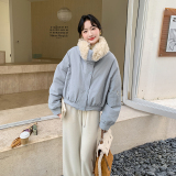蓝色羊羔毛大翻领短款羽绒服女冬季韩系减龄超好看加厚白鸭绒外套，女装羽绒服，2C203