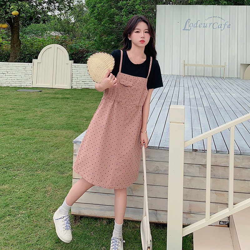 韩版俏皮减龄假两件连衣裙女2025夏季新款法式宽松显瘦波点短裙子图片