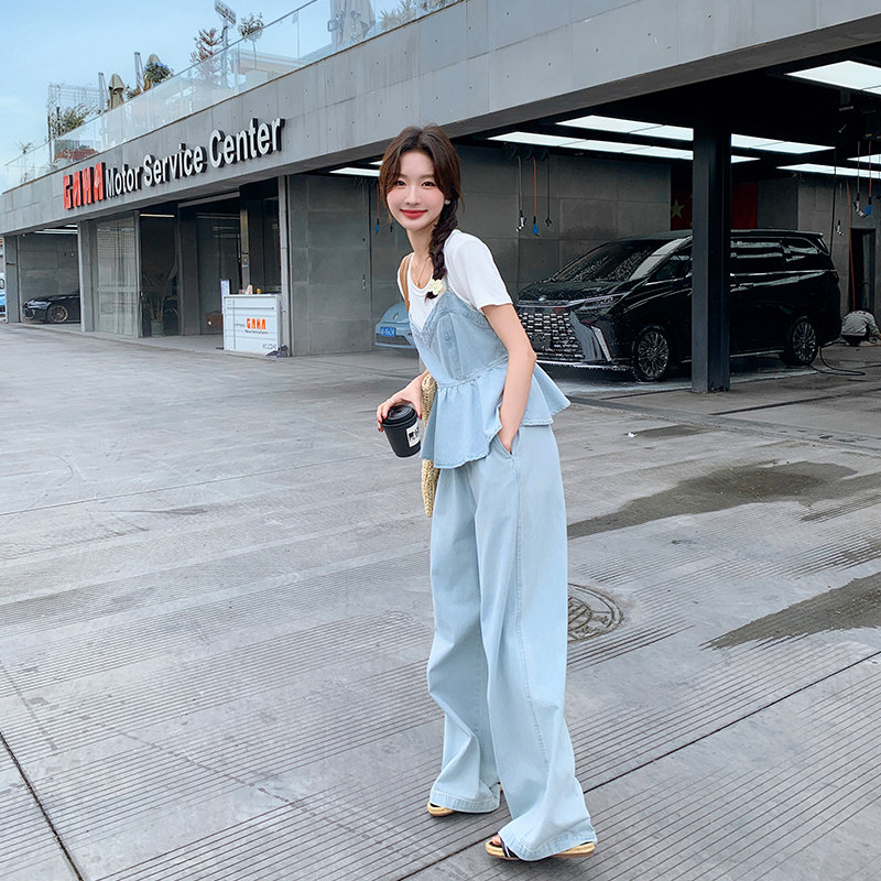 现货高品质牛仔三件套吊带+白T+牛仔阔腿裤套装P170K248,女装套装/套裙,2C233