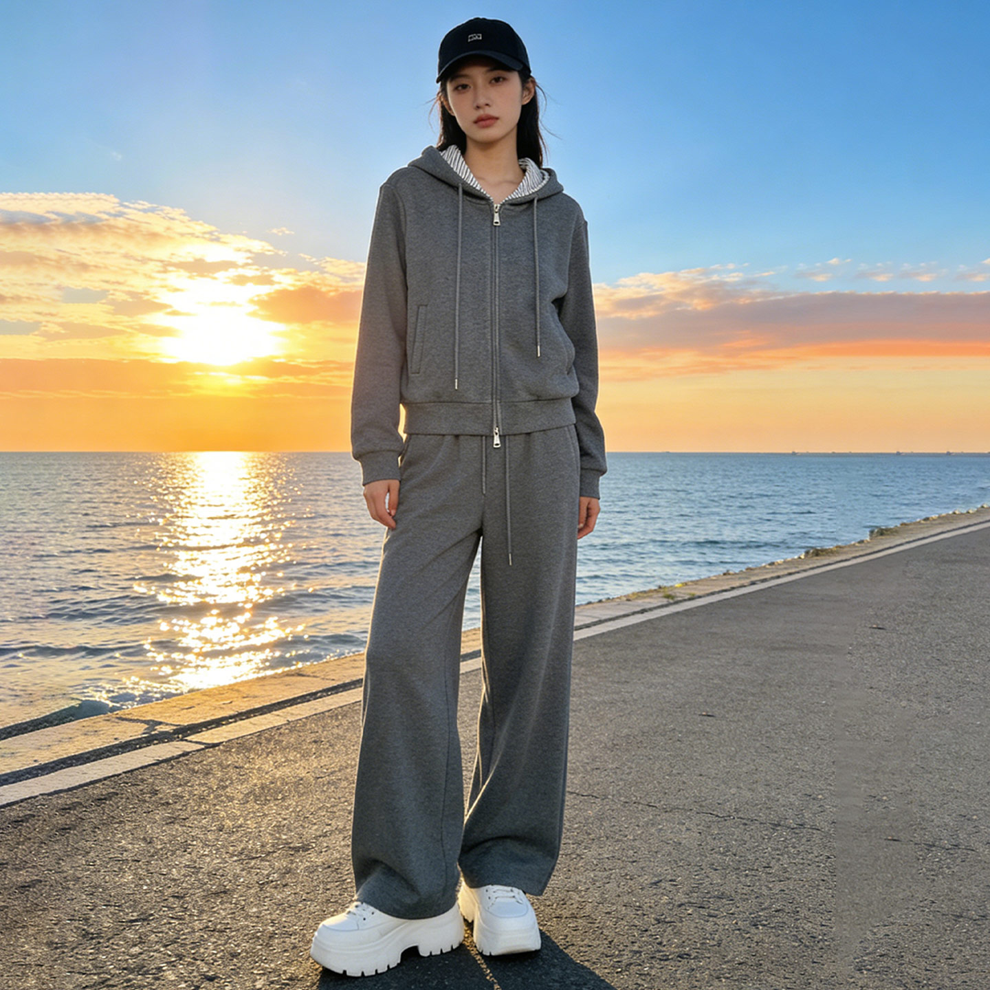 韩系休闲运动套装女春季新款假两件拉链开衫连帽卫衣直筒裤两件套,女装套装/套裙,2C310
