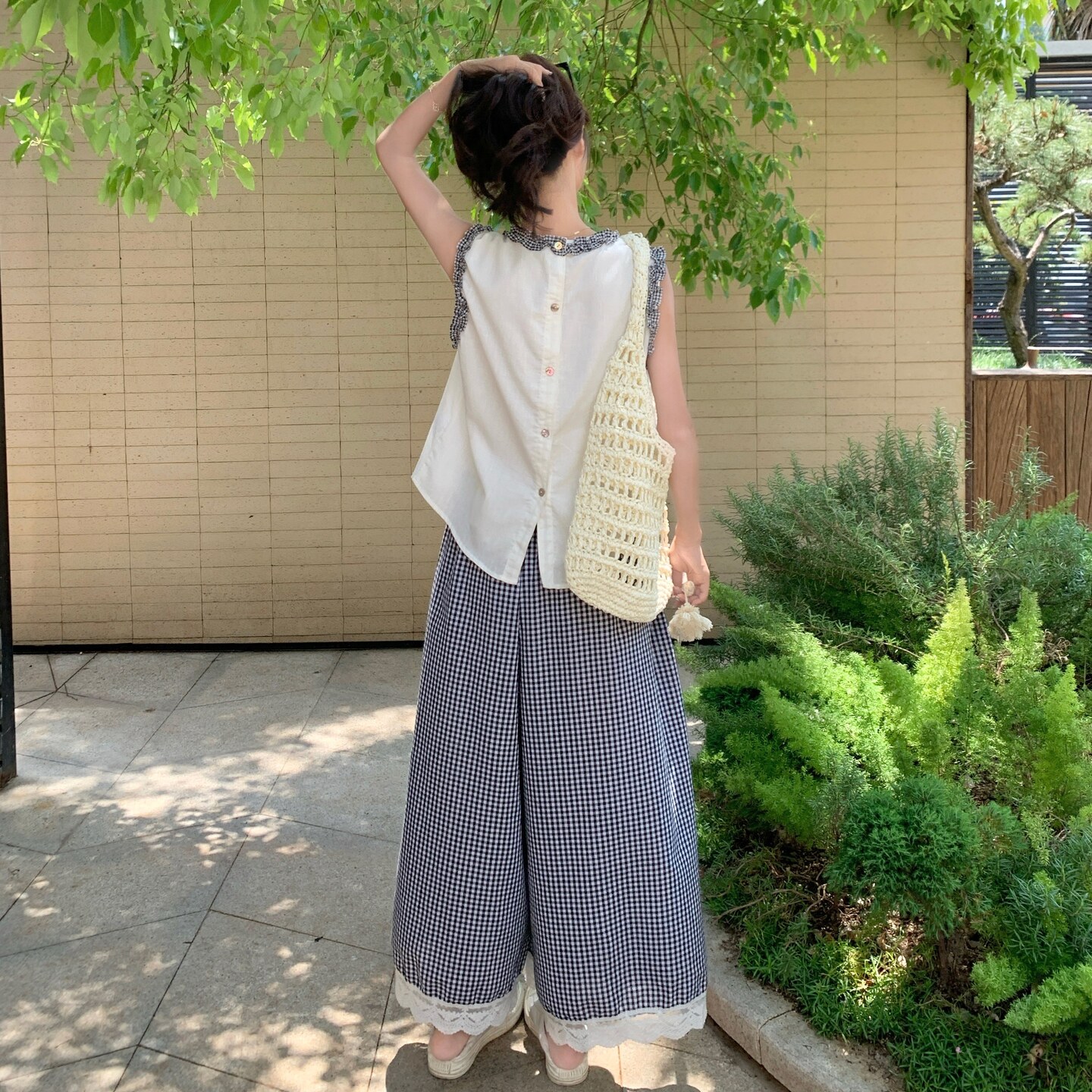 日系慵懒风木耳边背心格子阔腿裤套装女2025夏季新款小个子两件套,女装套装/套裙,2C298