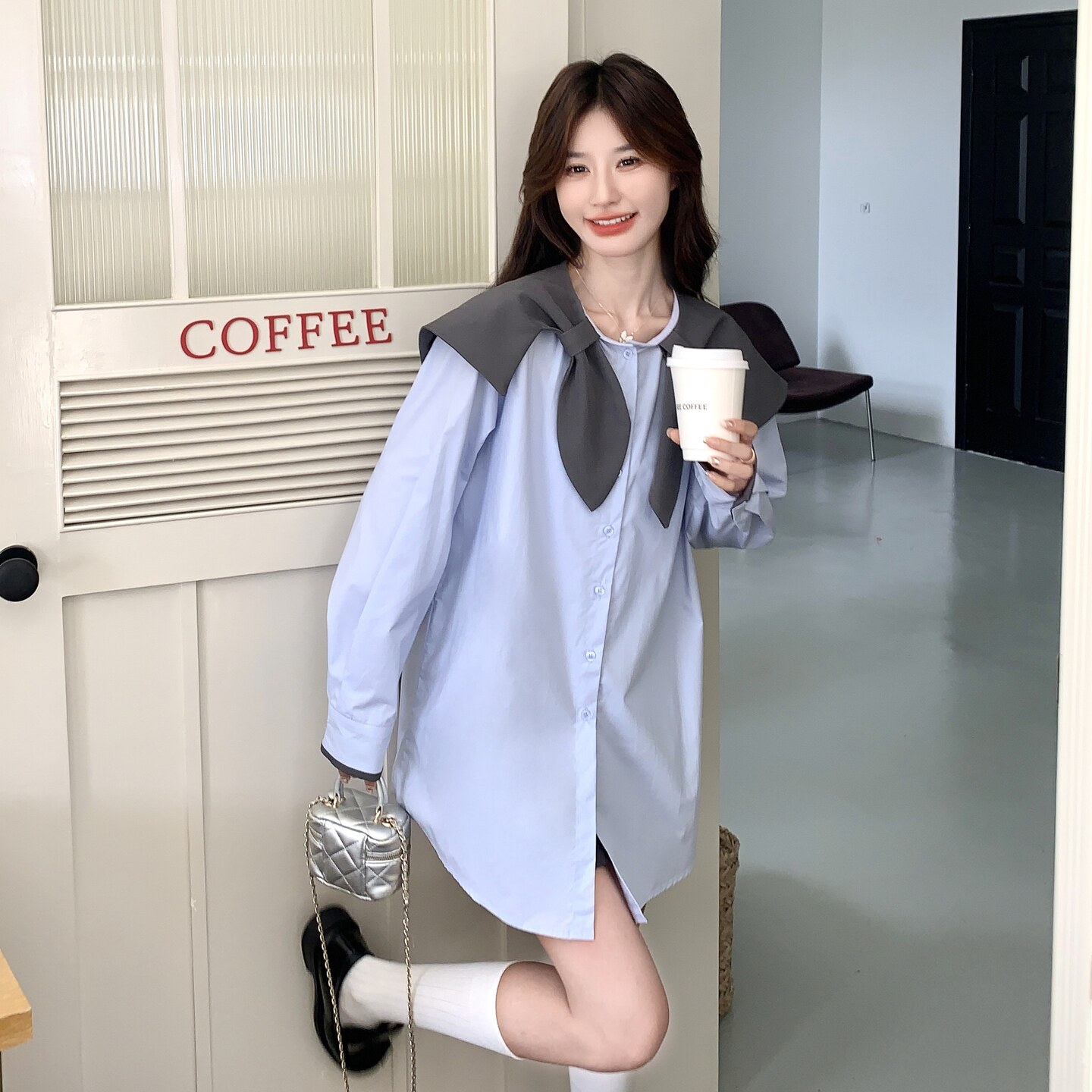 超好看拼接海军领长袖衬衫女2025秋季新款韩系甜美小个子连衣裙潮,女装衬衫,2C159