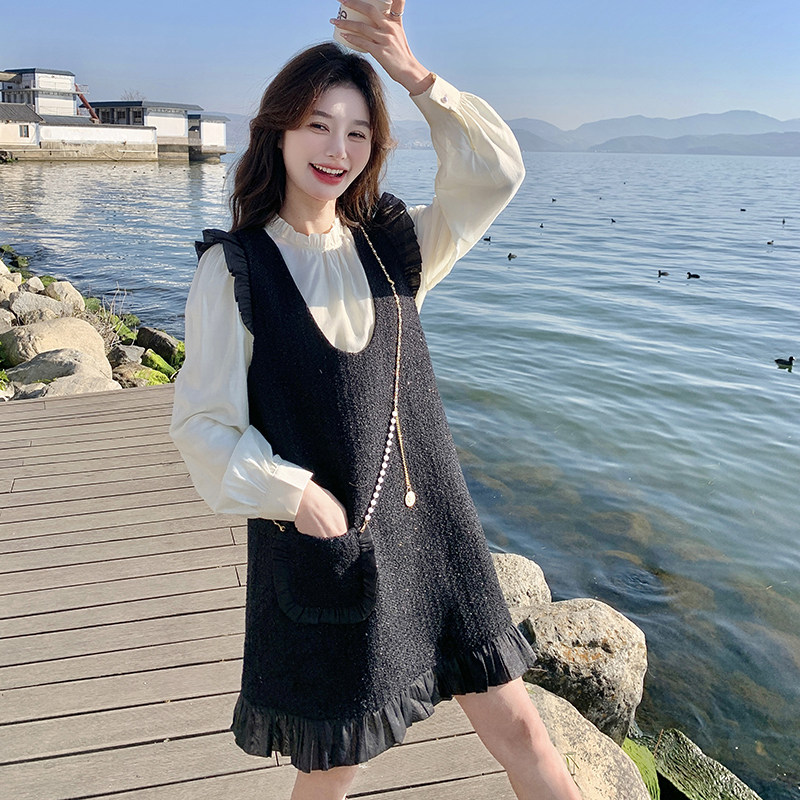 粗花呢木耳边法式气质女2025宽松春秋现货两件套感背心裙长袖,女装套装/套裙,2C166