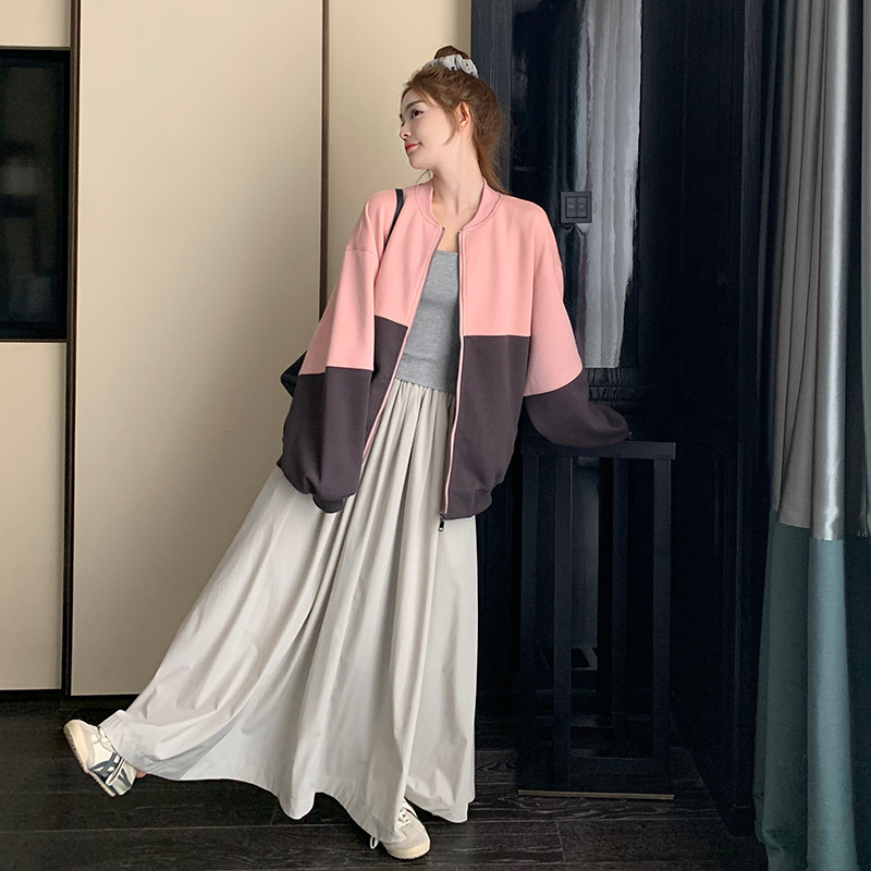 外套撞色拼接棒球服拉链秋季常规ins长袖宽松时尚春秋小个子短款,女装短外套,2D043
