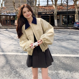 时尚撞色翻领卡其色短款外套女春秋2025新款小个子夹克百搭高级感，女装短外套，2D146
