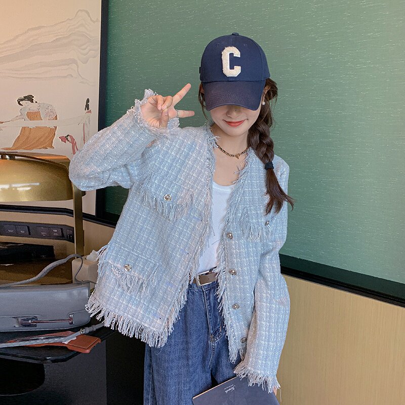 早秋蓝色小香风外套2024新款绝美法式小个子休闲名媛流苏气质上衣图片