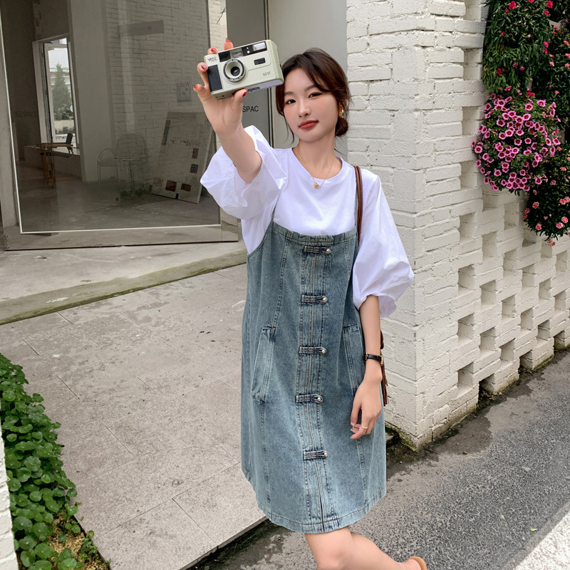 新中式盘扣牛仔背带裙套装女2025夏季新款宽松显瘦时尚T恤两件套,女装套装/套裙,2C111