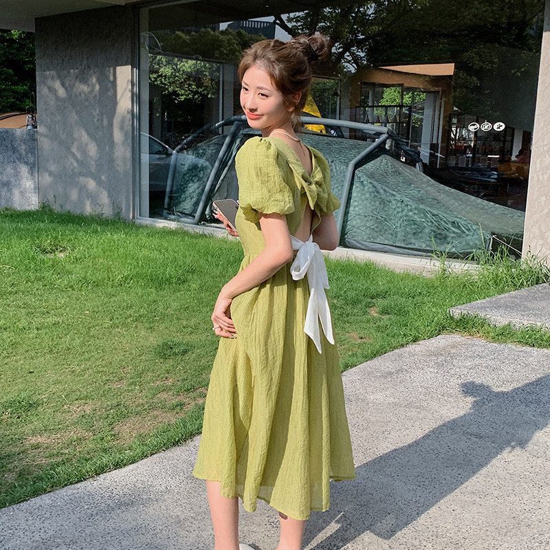 新品主推今年流行夏季漏背绿色连衣裙2C032833P105K158,女装连衣裙,2C032