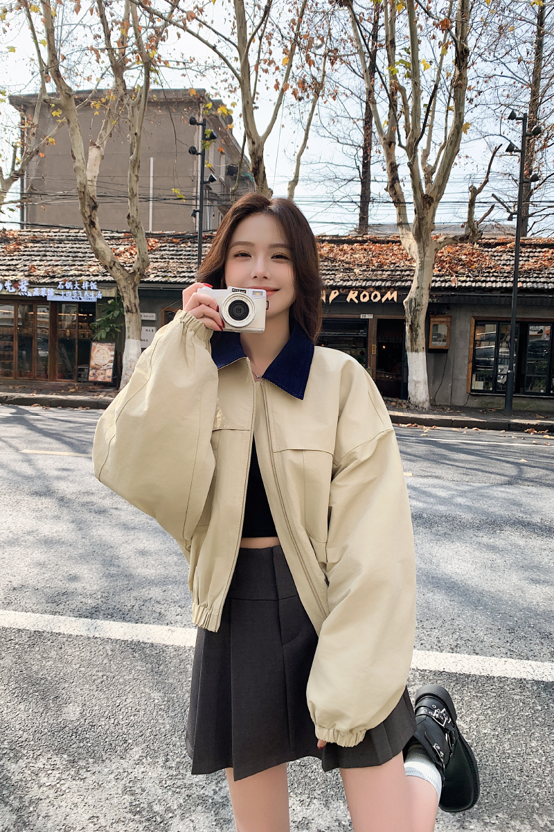 时尚撞色翻领卡其色短款外套女春秋2025新款小个子夹克百搭高级感,女装短外套,2D146
