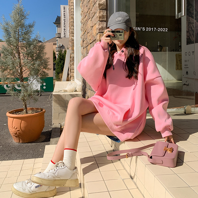 粉色时尚减龄连帽卫衣女秋季2024新款小个子oversize加厚套头上衣,女装卫衣/绒衫,2C016
