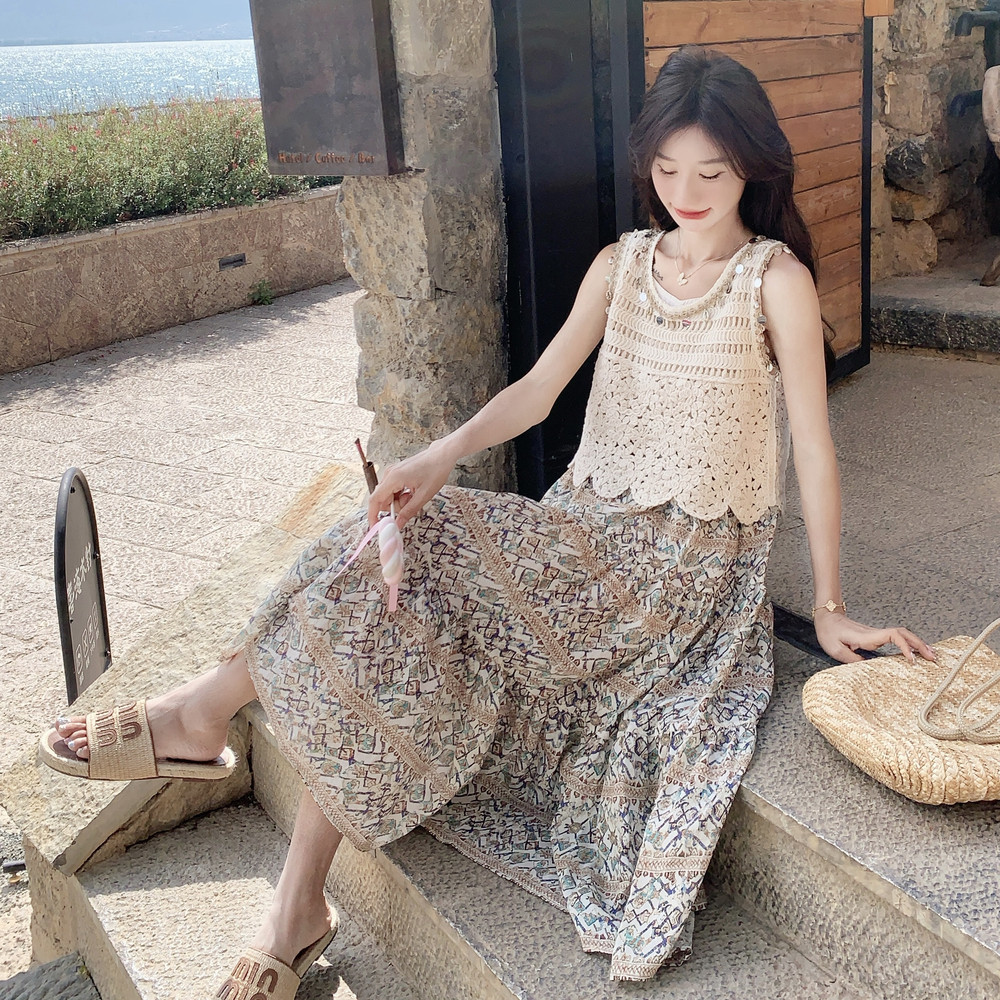 超好数据夏季镂空上衣+碎花吊带连衣裙2C259-6610-P135-K198,女装套装/套裙,2C259