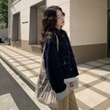 深蓝色设计感复古牛仔短外套女2025年春秋季新款韩版百搭显瘦夹克，女装短外套，2C016