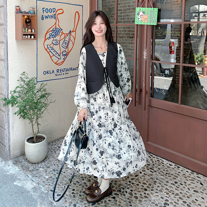 法式轻熟风碎花连衣裙套装女春秋2025新款高级感马甲长裙两件套潮,女装套装/套裙,2C056