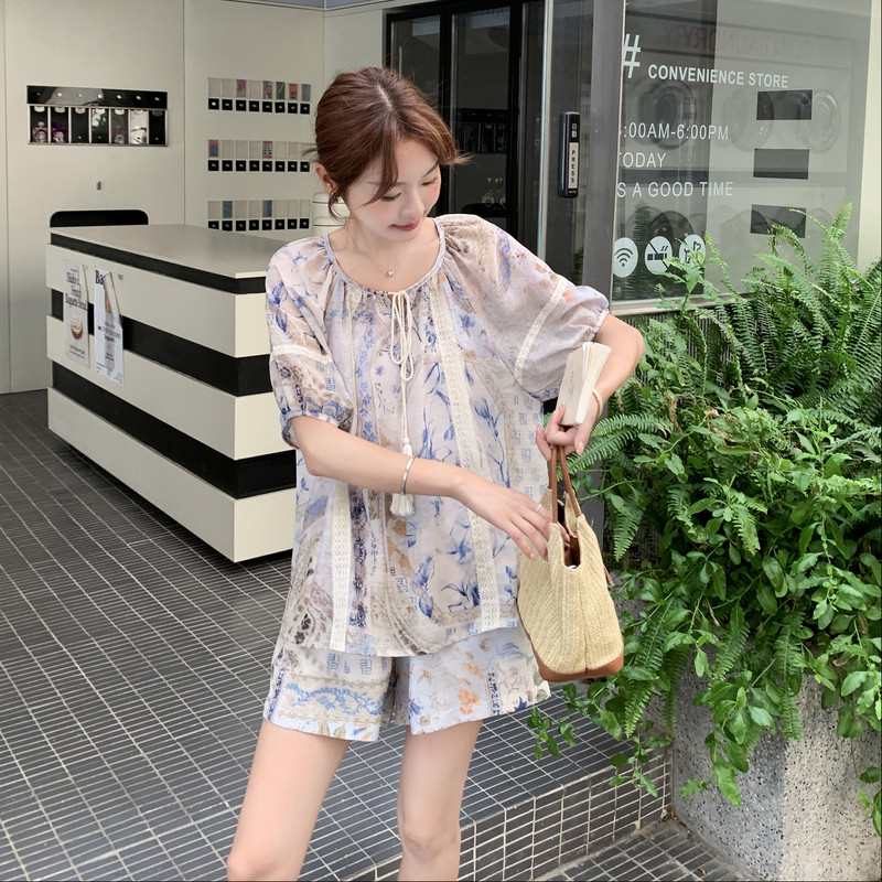 大货已出25夏装新款晕染花色度假风短裤套装宽松慵懒风套装女,女装套装/套裙,衣珂纱朗
