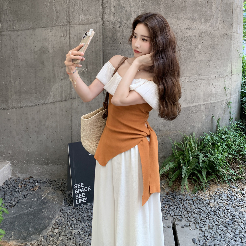 橘色一字肩上衣阔腿裤两件套女夏新款韩里韩气超火独特绝美套装,女装套装/套裙,2D078